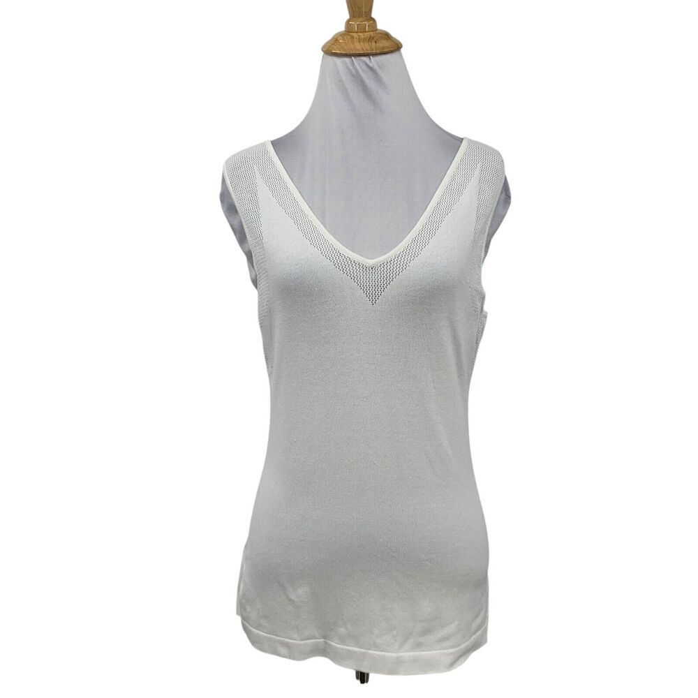 Anne Klein Tank Top Womens S Small White V Neck Sleeveless Mesh Trim Stretch